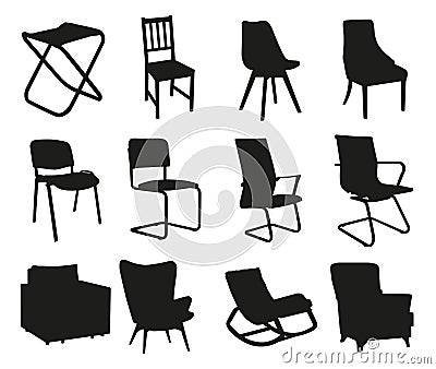 Set of silhouettes of chairs and armchairs. Isolated on white background vector image. Vector Illustration